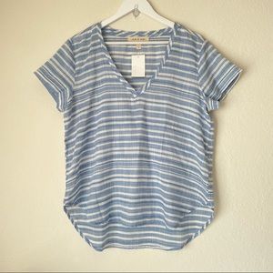 cloth & stone Blue and White Striped V-Neck Short Sleeve Top